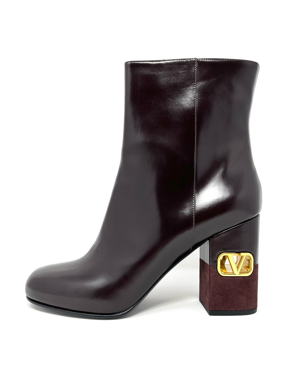 Valentino Garavani Burgundy Brown Leather Suede Gold VLogo Ankle Boots Heels 42